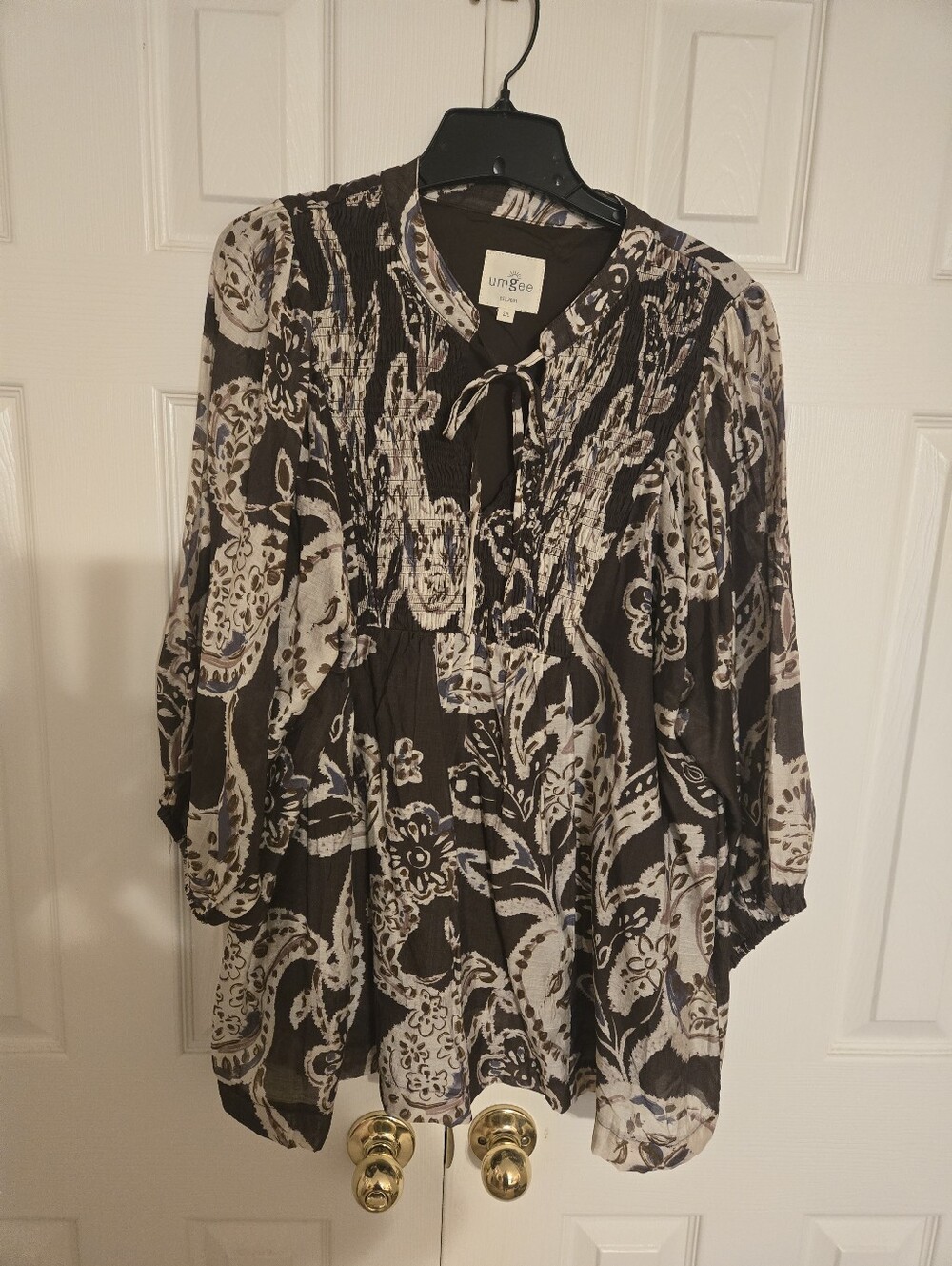 Southern Sass Paisley Smocked Tie Neck Blouse